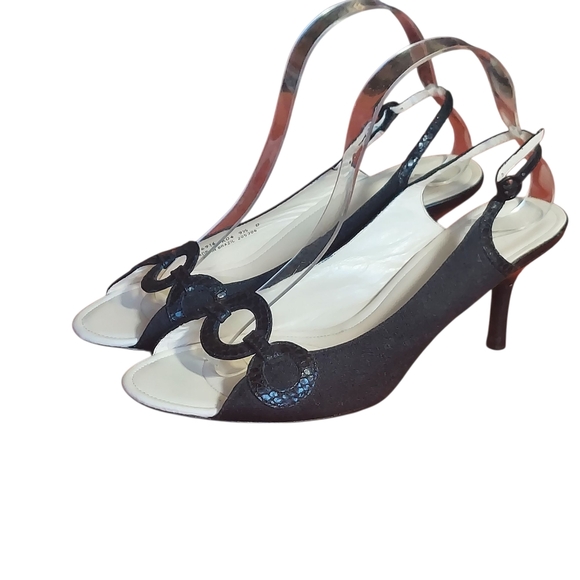 Cole Haan Black Linen Open Toe Slingback Stacked Heels - Picture 1 of 16